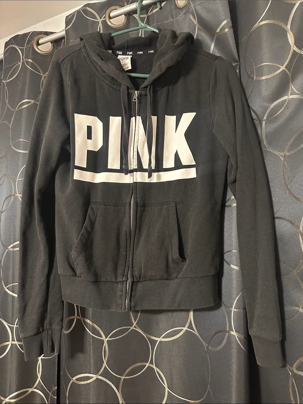 PINK Victoria's Secret Black Zip-Up Hoodie with White Logo
